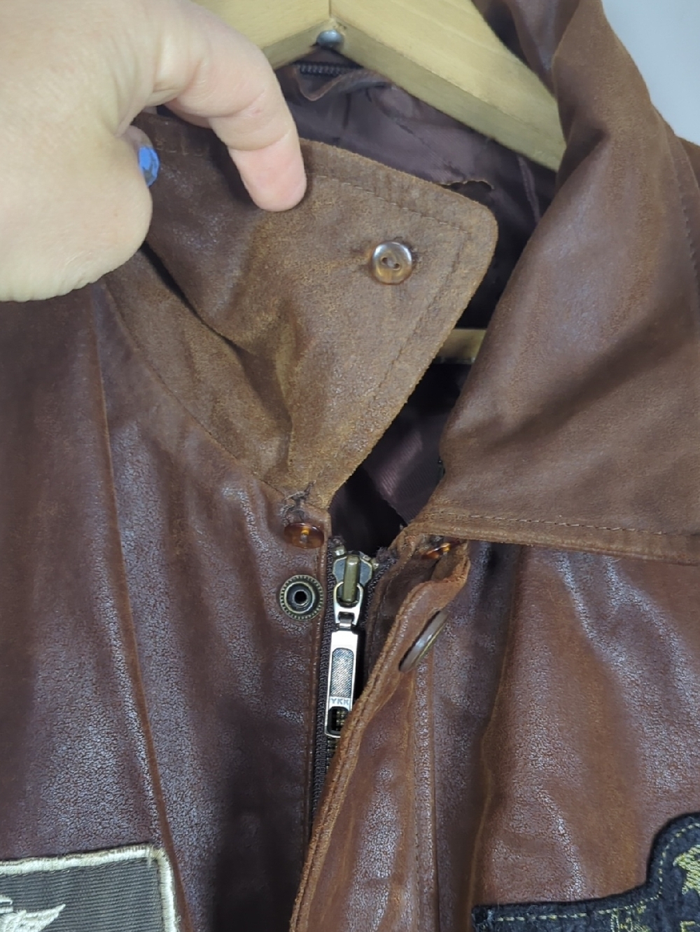Vintage Brown Leather Bomber Jacket Aviator Pilot Style Distressed Patch Detail - Picture 7 of 10